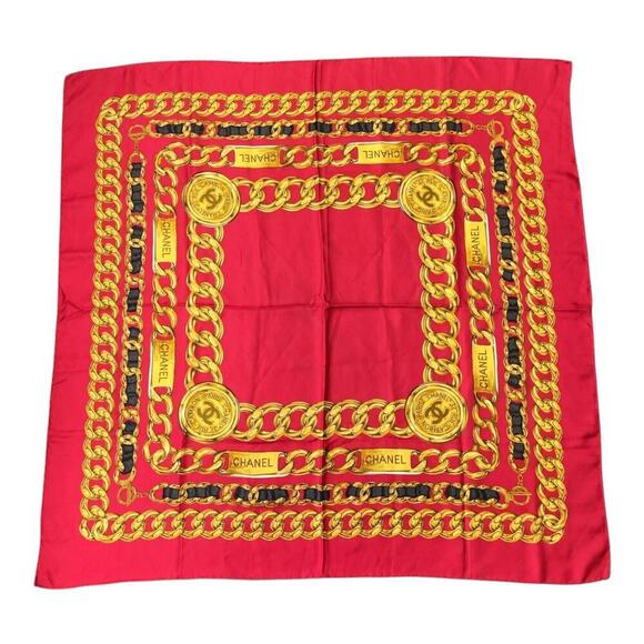 CHANEL Coco Mark Logo Red Chain Pattern Silk Scarf/Stole W/Box - Picture 4 of 16